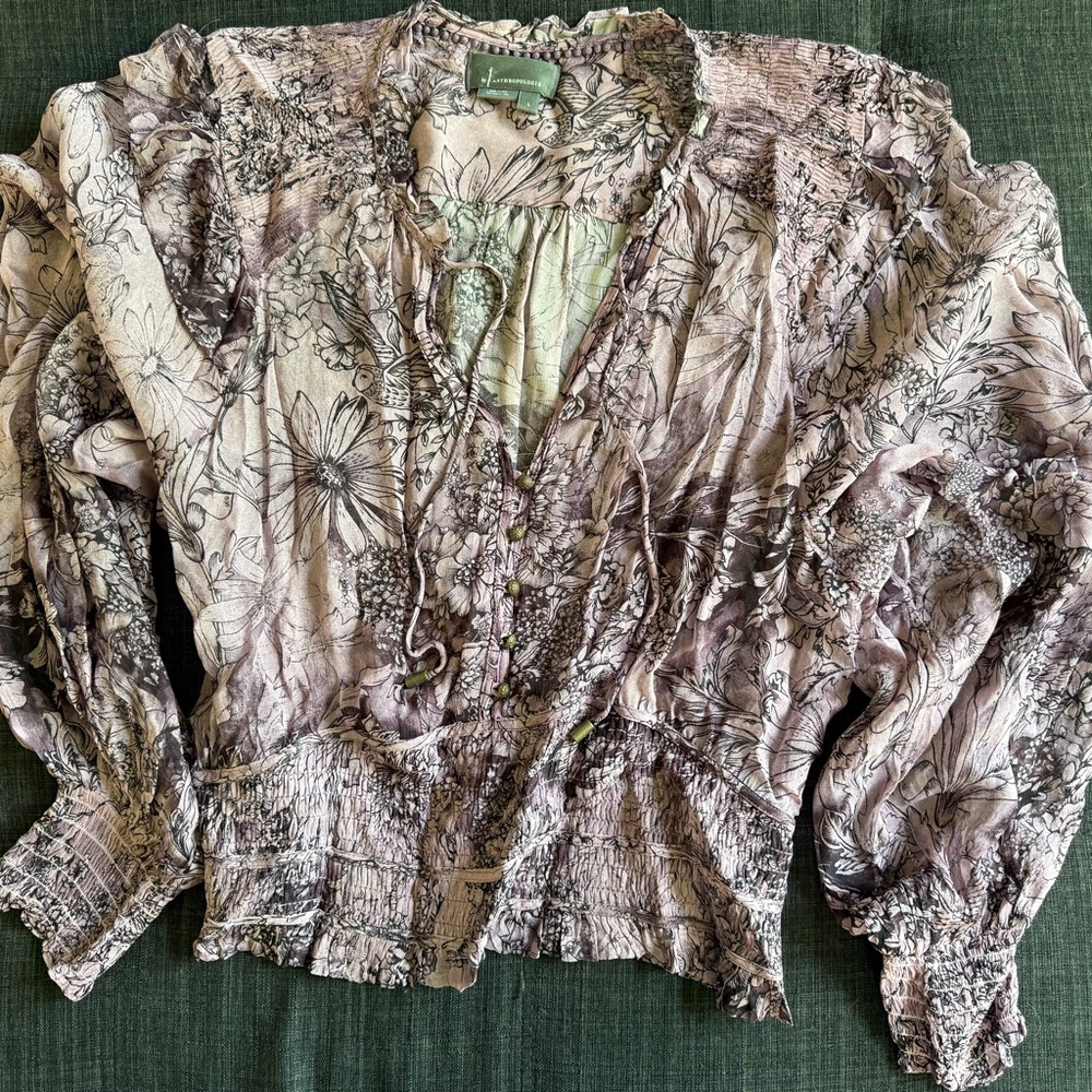 Anthropologie Black and Purple Ruched Ruffled Blouse